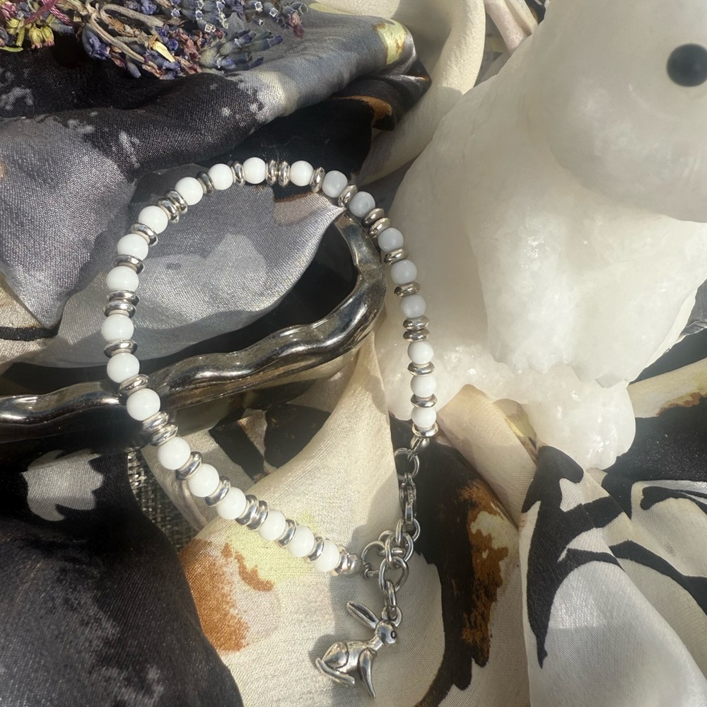 The Rabbit - White Porcelain Jade Bunny Charm Stainless Steel Bracelet